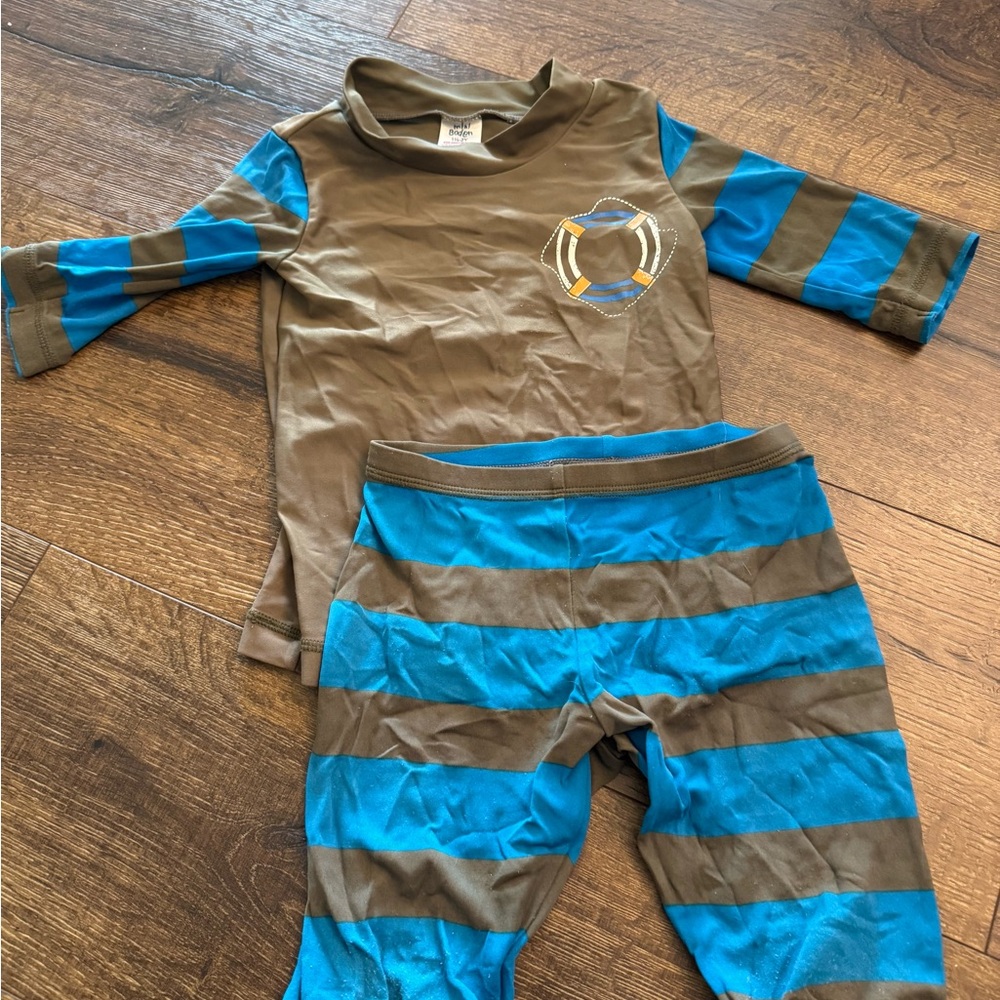 Mini boden Kids Brown blue rash guard swim trunks set 1 1/2-2 year woas